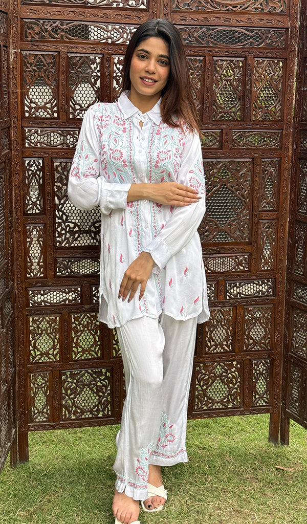 Women's Lakhnavi Handcrafted Modal Cotton Chikankari Top And Pant Set - HONC0244581