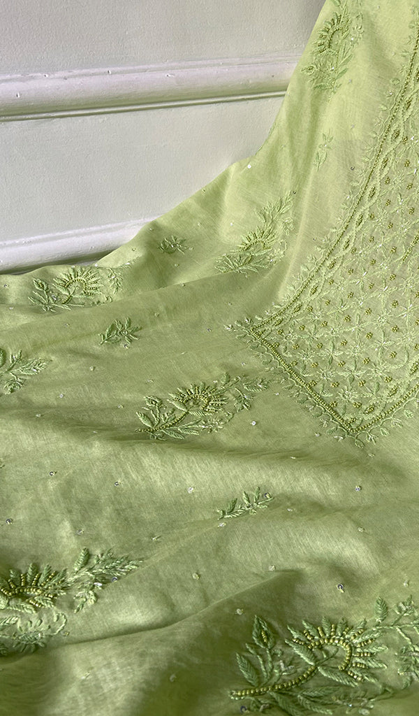 Women's Lakhnavi Handcrafted Mul Chanderi Unstitched Chikankari Full Suit Material - HONC0328111