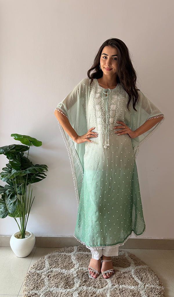 Pragya Women's Lucknowi Handcrafted Mul chanderi Chikankari Kaftan - HONC0487568