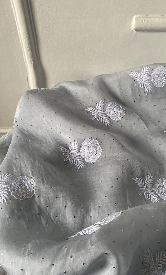 Rose Women's Lakhnavi Handcrafted Pure Organza Chikankari Unstitched Kurta And Dupatta Set- HONC0337709