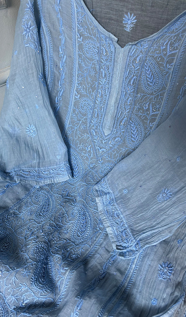 Women's Lakhnavi Handcrafted Mul Chanderi Semi - Stitched Chikankari Full Suit Material - HONC0359801