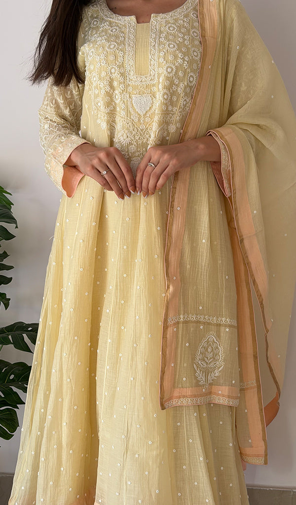 Women's Lucknowi Handcrafted Mul Chanderi Stitched Chikankari Anarkali , Dupatta With pant Set- HONC0328254