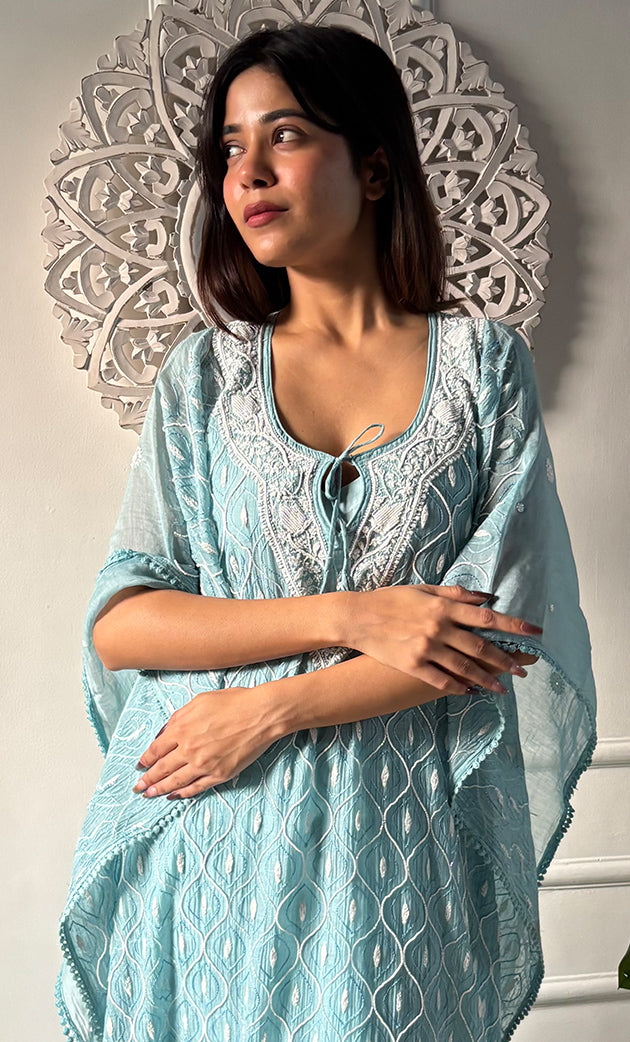 Rabia Women's Lucknowi Handcrafted Mul chanderi Chikankari Kaftan - HONC0326233