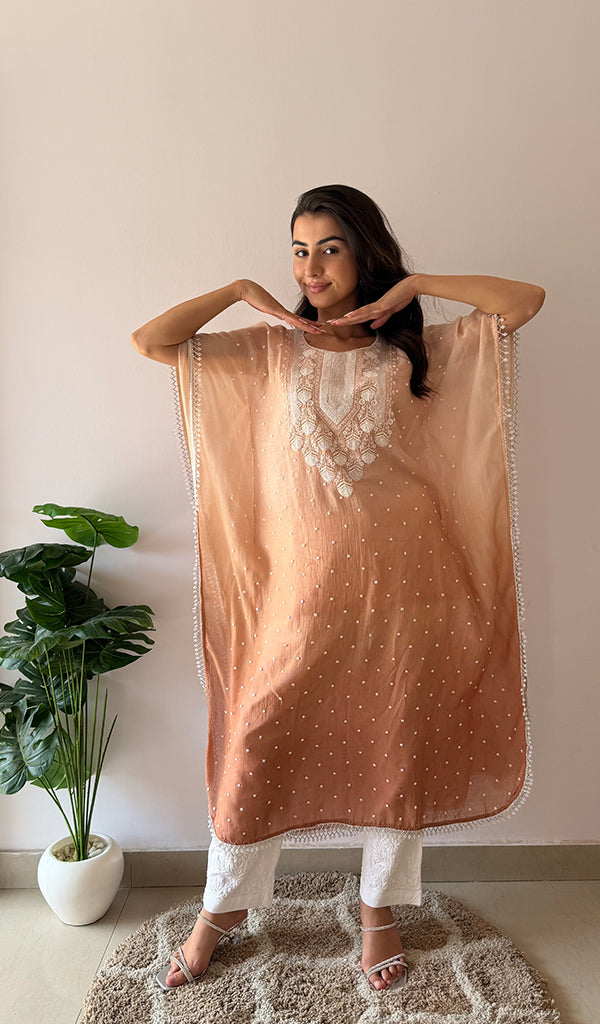 Pragya Women's Lucknowi Handcrafted Mul chanderi Chikankari Kaftan - HONC03615788
