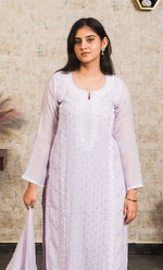 Load image into Gallery viewer, Women&#39;s Lakhnavi Handcrafted Mul Chanderi Chikankari Stitched Kurta, Dupatta And Pant Set - HONC0304131
