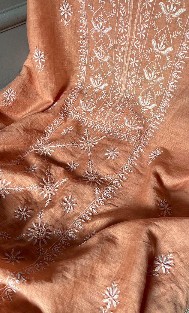 Women's Lakhnavi Handcrafted Mul Chanderi Chikankari Full Suit Material - HONC0307427