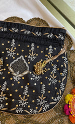 Load image into Gallery viewer, Black Chikankari Embroidered Potli Bag with Golden Bead Tassels - HONC0316098
