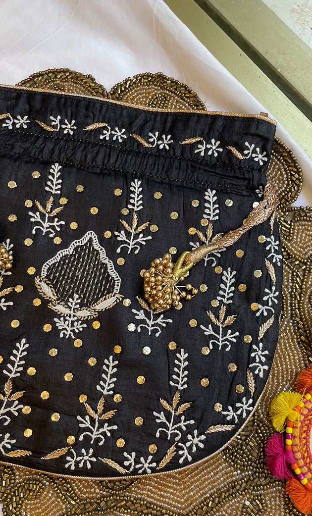 Black Chikankari Embroidered Potli Bag with Golden Bead Tassels - HONC0316098