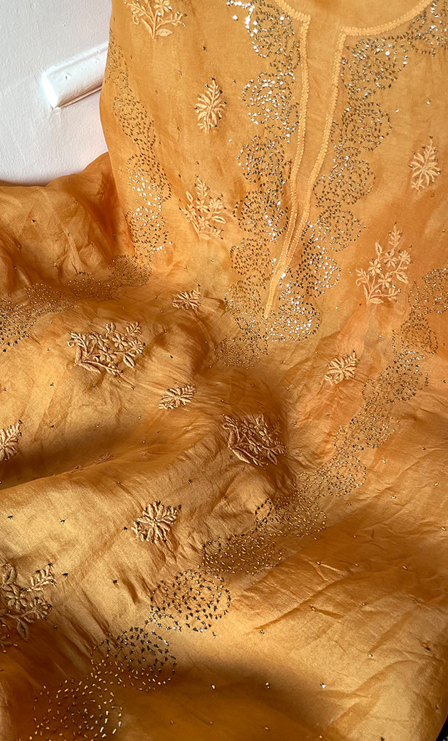 Women's Lakhnavi Handcrafted Pure Organza Chikankari Unstitched Kurta And Dupatta Set- HONC0304149