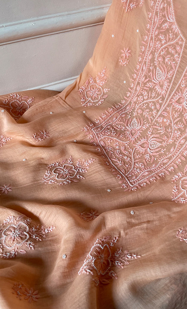Women's Lakhnavi Handcrafted Unstitched  Mul Chanderi Chikankari Full Suit Material - HONC0301699