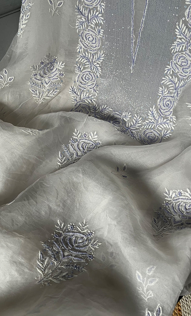 Women's Lakhnavi Handcrafted Pure Organza Chikankari Unstitched Kurta And Dupatta Set- HONC0305196