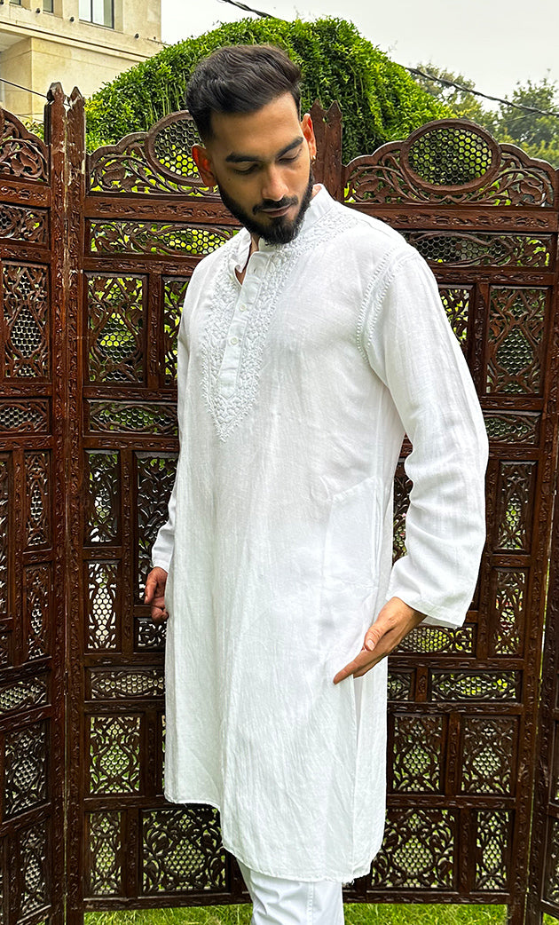 Men's Lucknowi Handcrafted Cotton Chikankari Kurta - HONC0253043