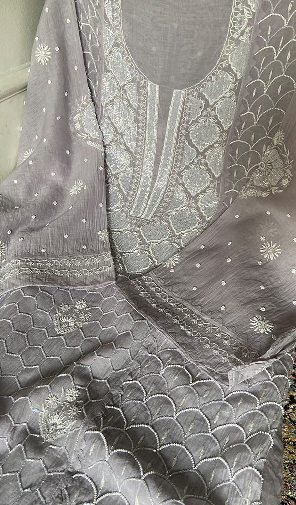 Women's Lakhnavi Handcrafted Mul Chanderi Semi - Stitched Chikankari Full Suit Material - HONC0360113