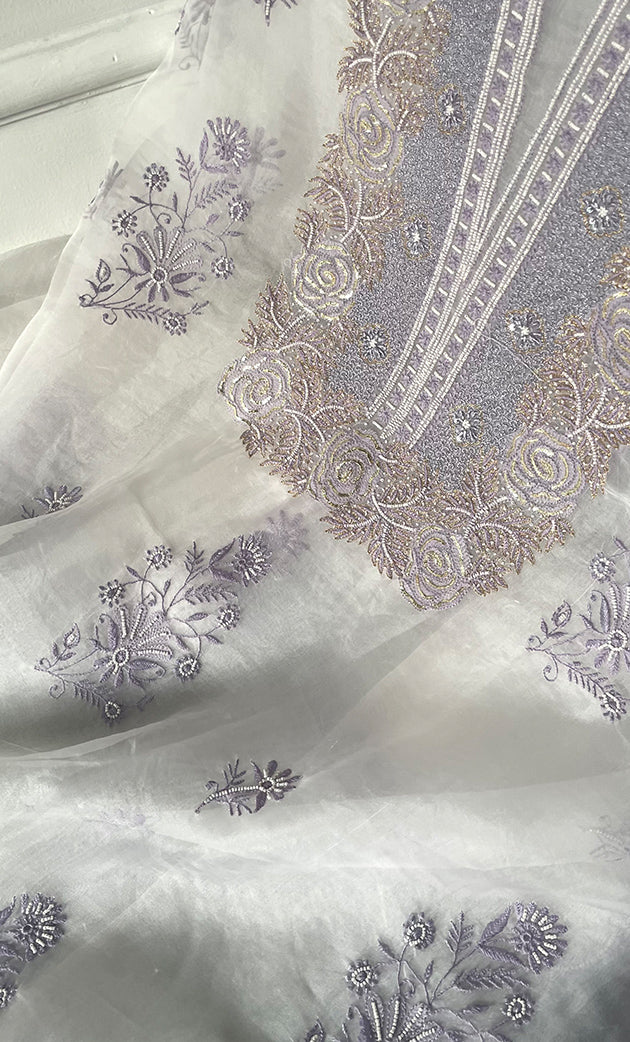 Mehnaj Women's Lakhnavi Handcrafted Pure Organza Chikankari Unstitched Kurta And Dupatta Set- HONC0316112
