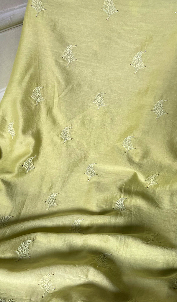 Women's Lakhnavi Handcrafted Chanderi Silk Chikankari Unstitched Kurti Fabric - HONC091933