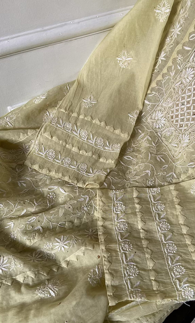 Women's Lakhnavi Handcrafted Mul Chanderi Semi - stitched Kurta And Dupatta Set- HONC0305144