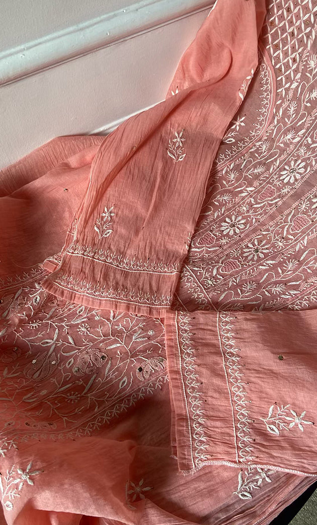 Women's Lakhnavi Handcrafted Mul Chanderi Semi - Stitched Kurta And Dupatta Set- HONC0305141
