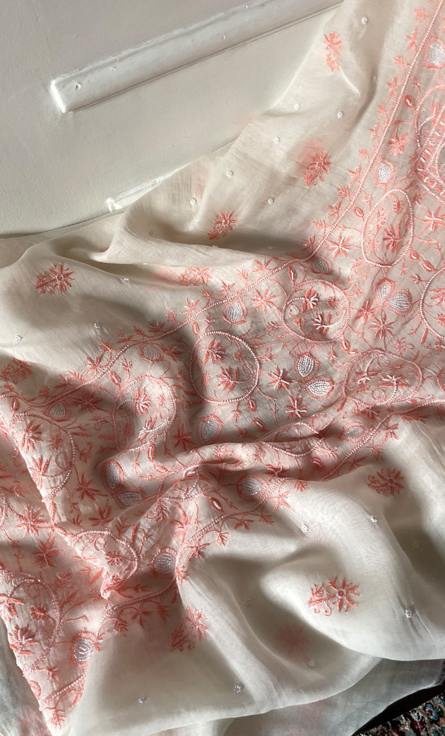 Women's Lakhnavi Handcrafted Unstitched Mul Chanderi Kurta And Dupatta Set - HONC0327490