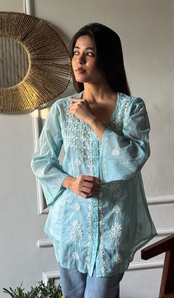 Vaanya Women's Lakhnavi Handcrafted Mul Chanderi Chikankari Top - HONC0334167
