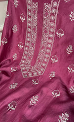 将图像加载到图库查看器中， Lucknowi Handcrafted Chanderi Silk Chikankari Unstitched Unisex Kurta Fabric - HONC0255342