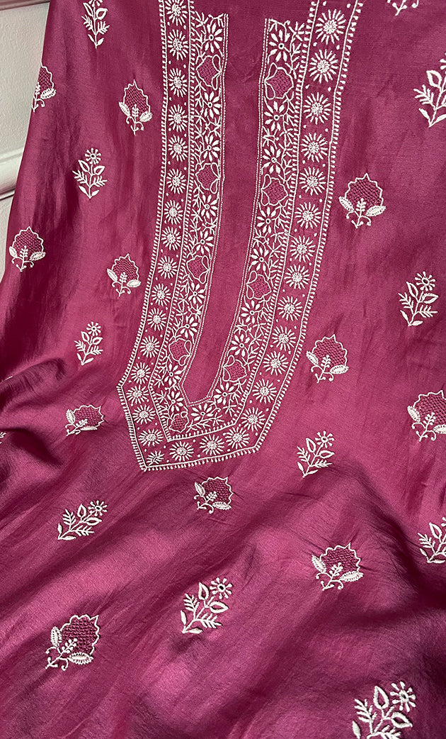 Lucknowi Handcrafted Chanderi Silk Chikankari Unstitched Unisex Kurta Fabric - HONC0255342
