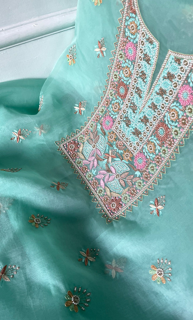 Women's Lakhnavi Handcrafted Pure Organza Chikankari Unstitched Kurta And Dupatta Set- HONC0326296