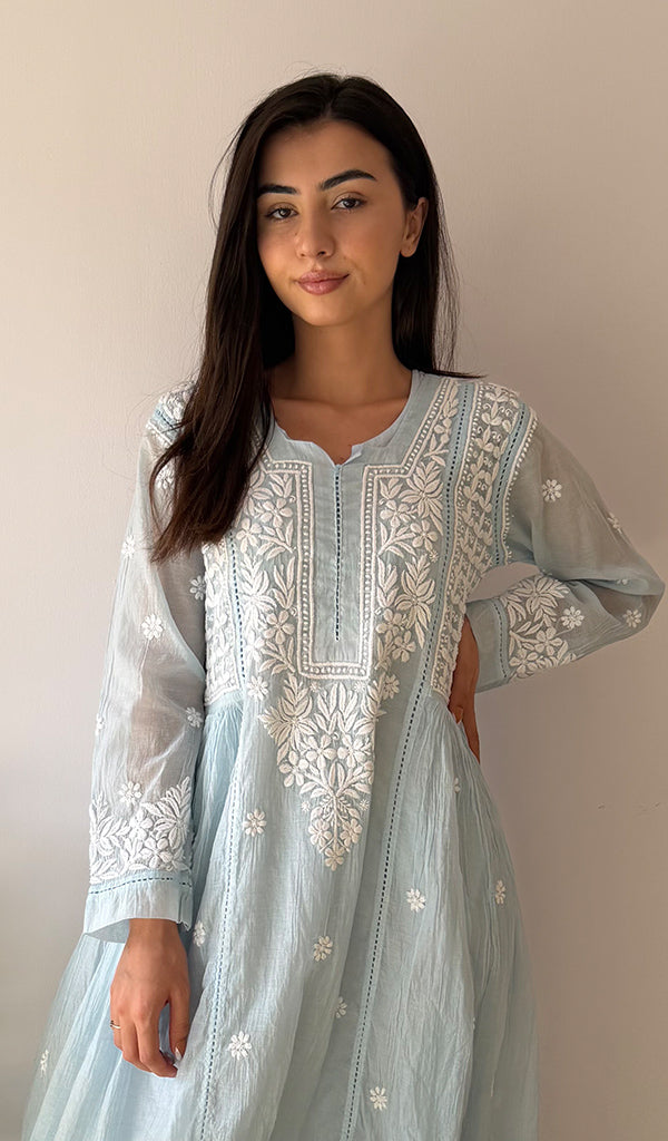 Fariah Women's Lucknowi Handcrafted Mul Chanderi Chikankari Kurti - HONC0272413