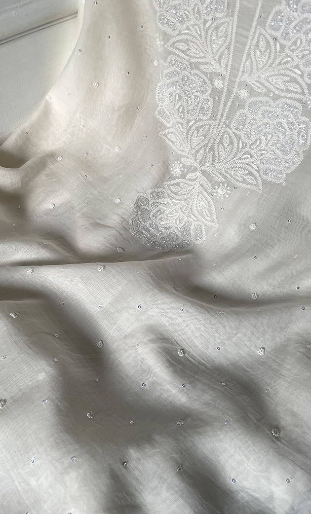 Women's Lakhnavi Handcrafted Unstitched Mul Chanderi Kurta And Dupatta Set - HONC0324844