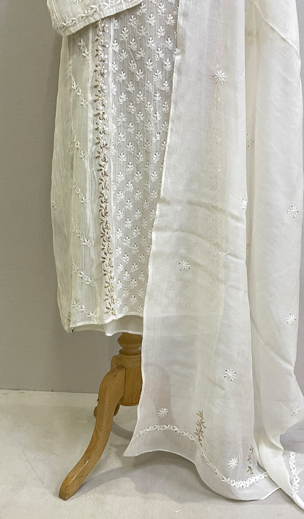 Women's Lakhnavi Handcrafted Mul Chanderi Chikankari Kurta Dupatta Set- HONC0179012