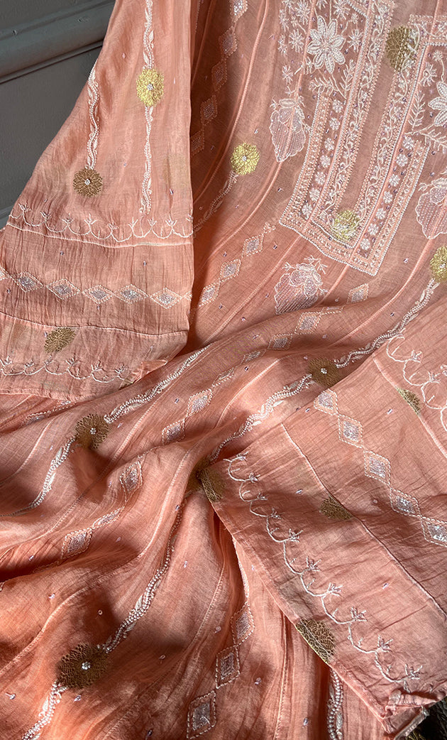 Izna Women's Lakhnavi Handcrafted Mul Chanderi Semi - Stitched Anarkali And Dupatta Set - HONC0302889