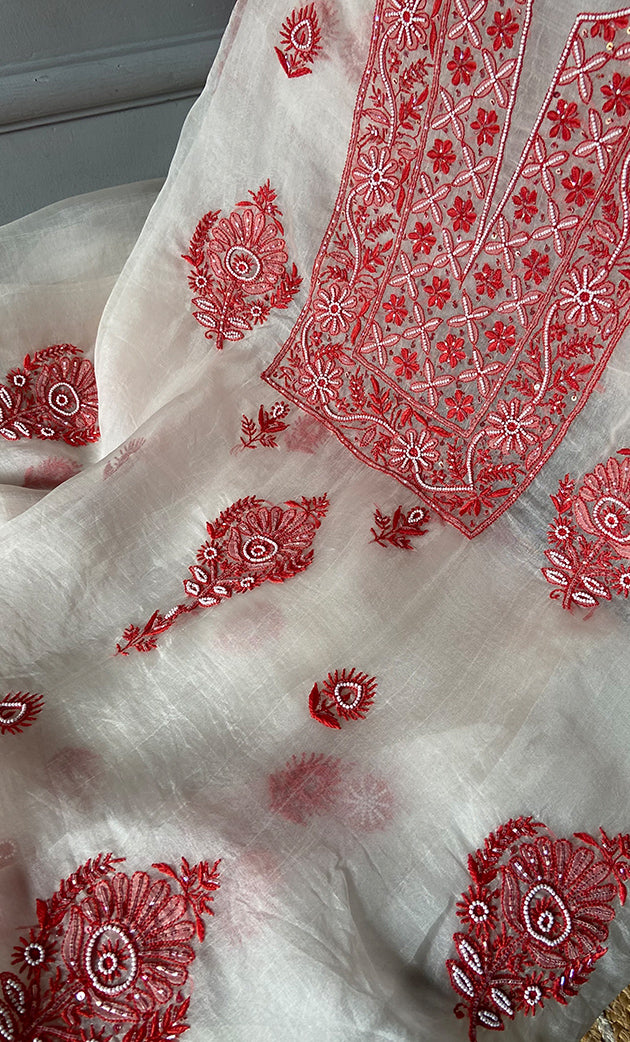 Women's Lakhnavi Handcrafted Pure Organza Chikankari Unstitched Kurta And Dupatta Set- HONC0310179