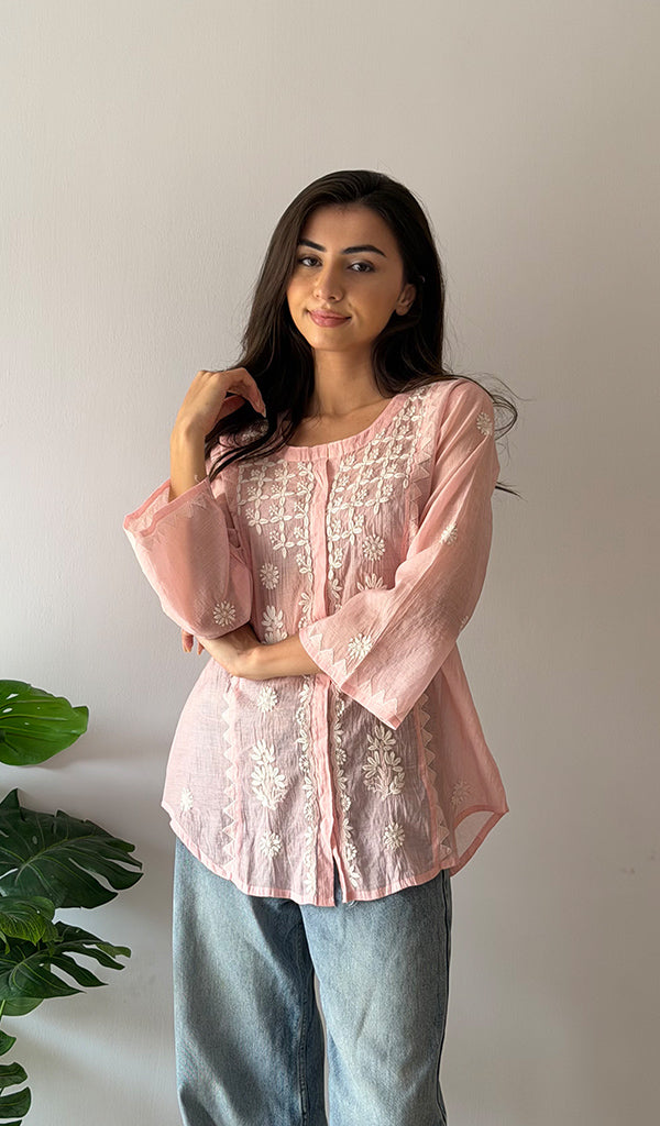 Vaanya Women's Lakhnavi Handcrafted Mul Chanderi Chikankari Top - HONC03345789