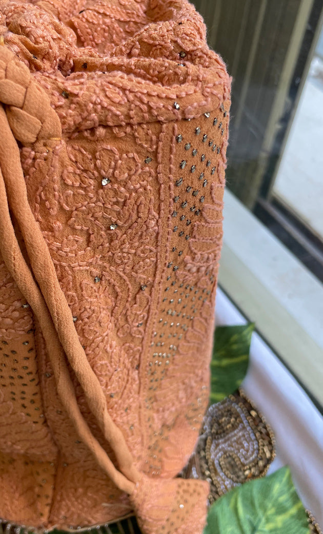 Handcrafted Mustard Chikankari Potli Bag with Mukaish work - HONC060107