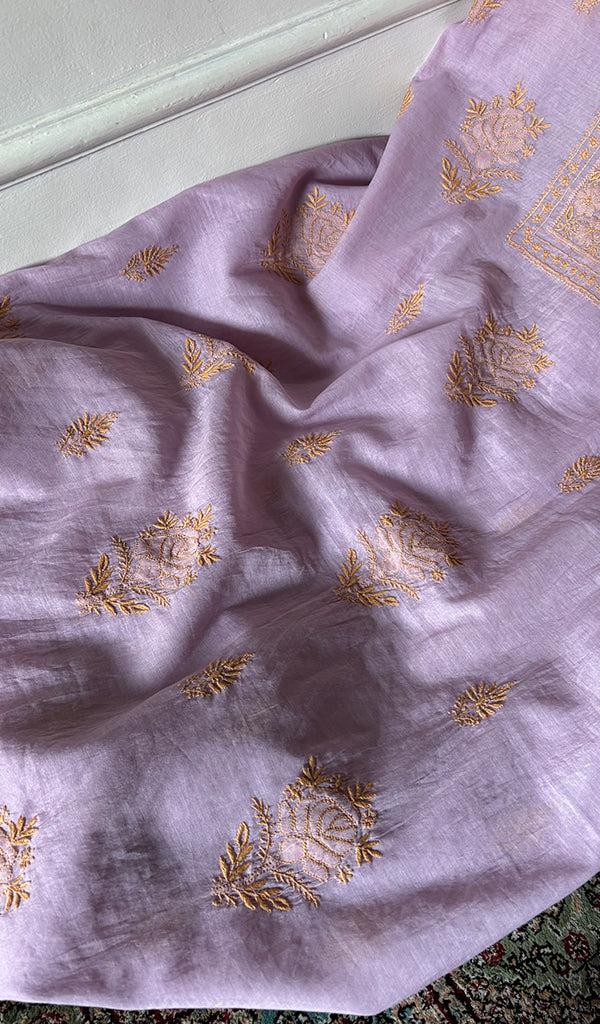 Women's Lakhnavi Handcrafted Chanderi Silk Unstitched Chikankari Full Suit - HONC0351091