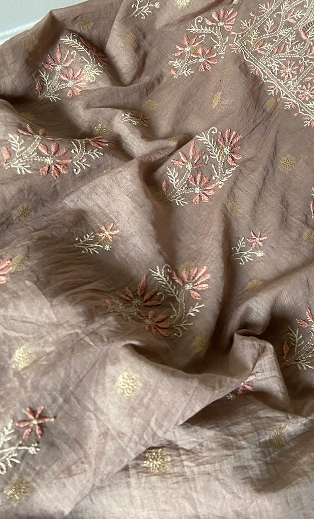 Women's Lakhnavi Handcrafted Mul Chanderi Unstitched Chikankari Full Suit Material - HONC0316857