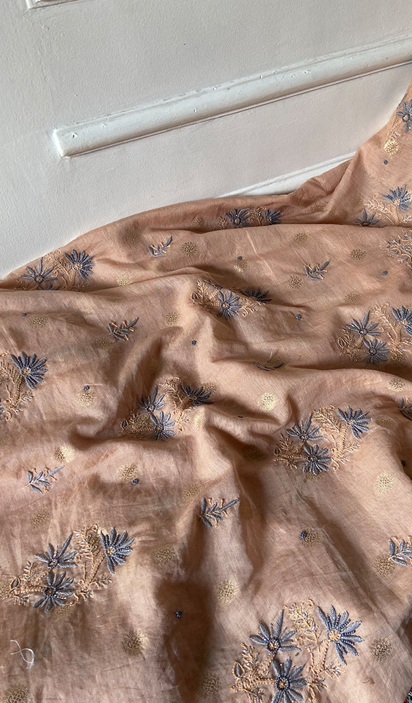 Women's Lakhnavi Handcrafted Mul Chanderi Unstitched Chikankari Full Suit - 3