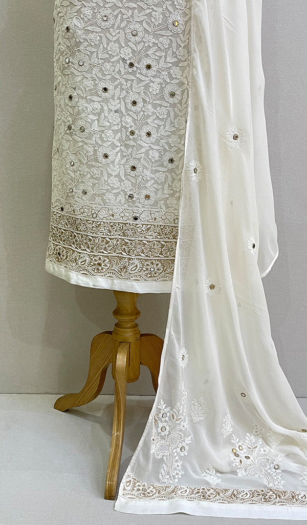 Women's Lakhnavi Handcrafted Pure Silk Georgette Chikankari Kurta And Dupatta Set- N13935