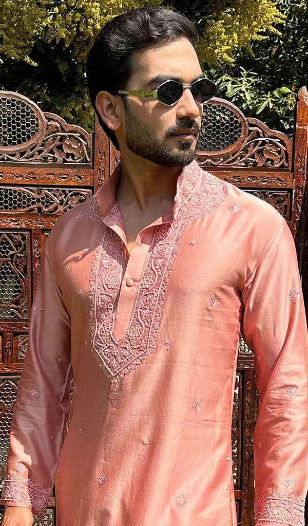 Men's Lucknowi Handcrafted Chanderi Chikankari Silk Kurta - HONC03224280