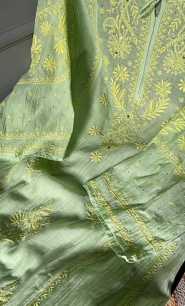 Women's Lakhnavi Handcrafted Mul Chanderi Semi - Stitched Anarkali And Dupatta Set - HONC0282400