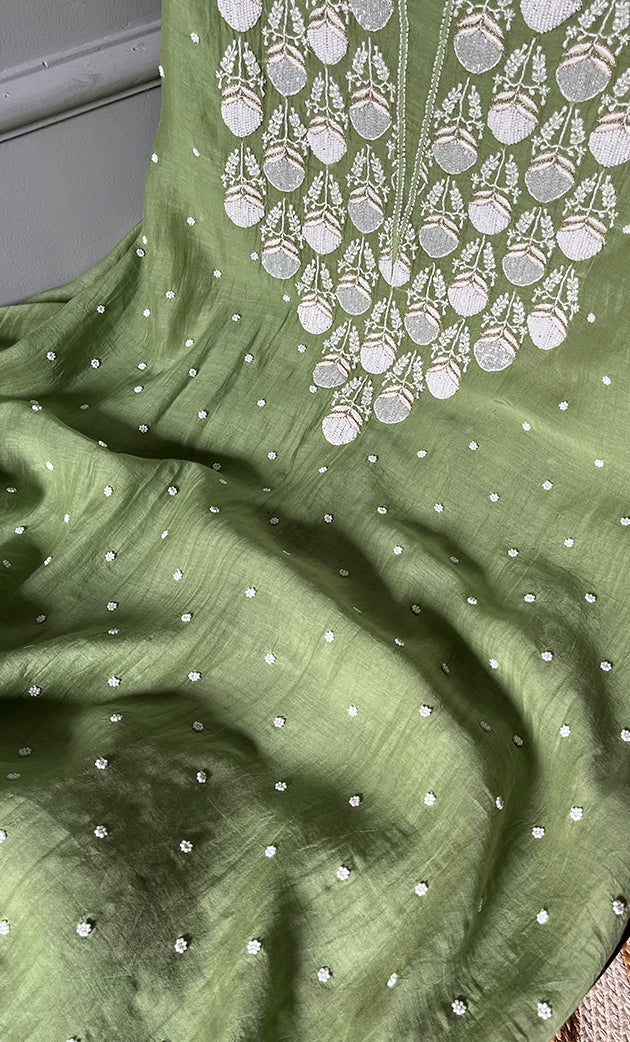 Jazba Women's Lakhnavi Handcrafted Mul Chanderi UnStitched Kurta And Dupatta Set - HONC0301690