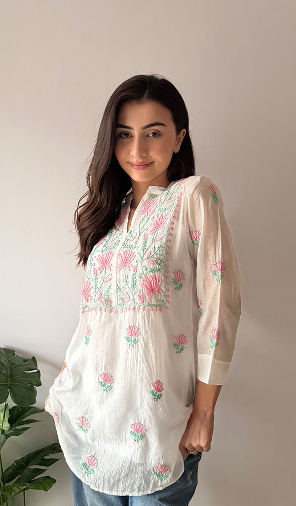 Women's Lakhnavi Handcrafted Mul Chanderi Chikankari Top - HONC0372703