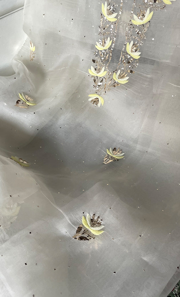 Alfia Women's Lakhnavi Handcrafted Pure Organza Chikankari Unstitched Kurta And Dupatta Set- HONC0329249