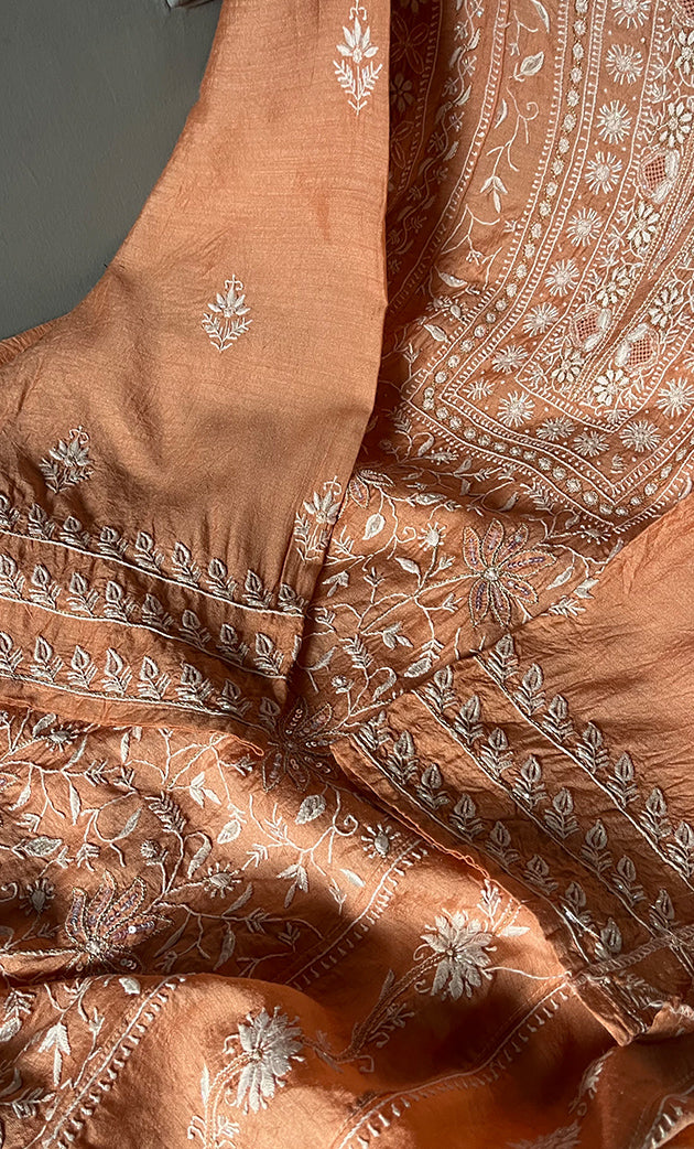 Women's Lakhnavi Handcrafted Munga Silk Chikankari  Semi - Stitched Kurta And Dupatta Set- HONC0268496
