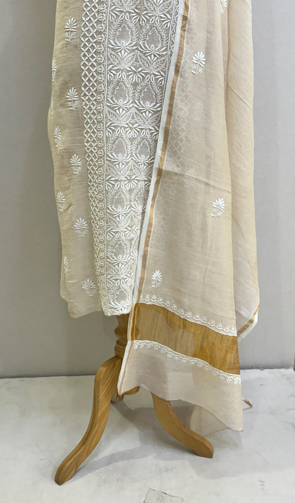 Women's Lakhnavi Handcrafted Tissue Chanderi Chikankari Kurta Dupatta Set - HONC0204005