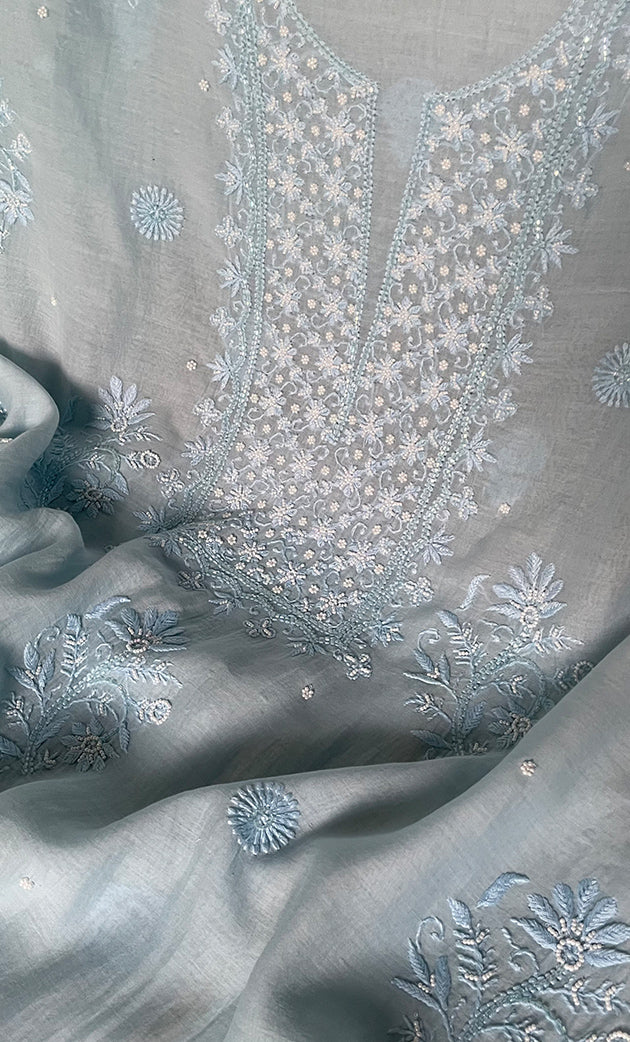 Women's Lakhnavi Handcrafted Mul Chanderi Chikankari Full Suit Material - HONC0287087
