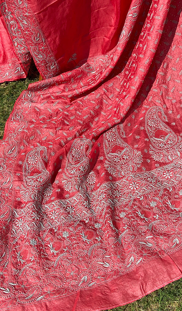 Women's Lakhnavi Handcrafted Tussar Silk Chikankari Saree - HONC0245864