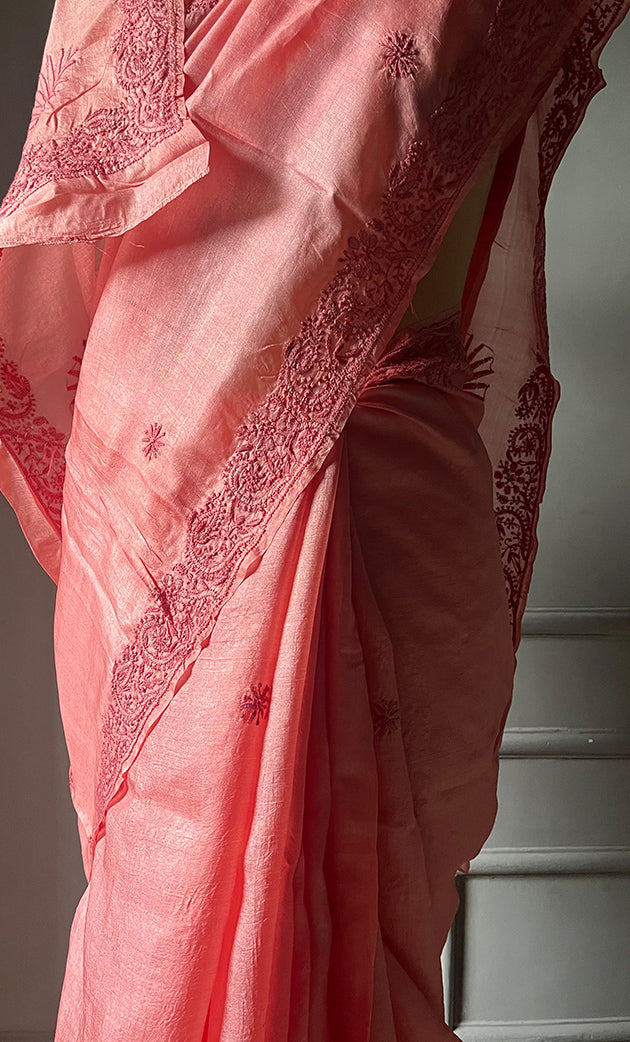Women's Lakhnavi Handcrafted Tussar Silk Chikankari Saree - HONC0307372