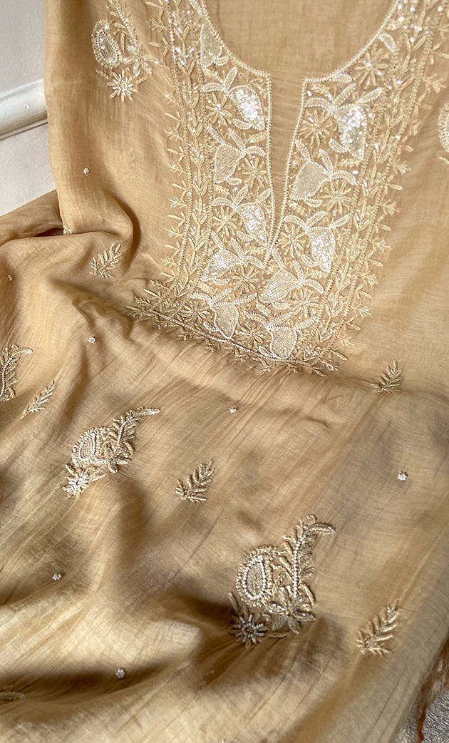 Women's Lakhnavi Handcrafted Mul Chanderi Unstitched Chikankari Full Suit Material - HONC0323585