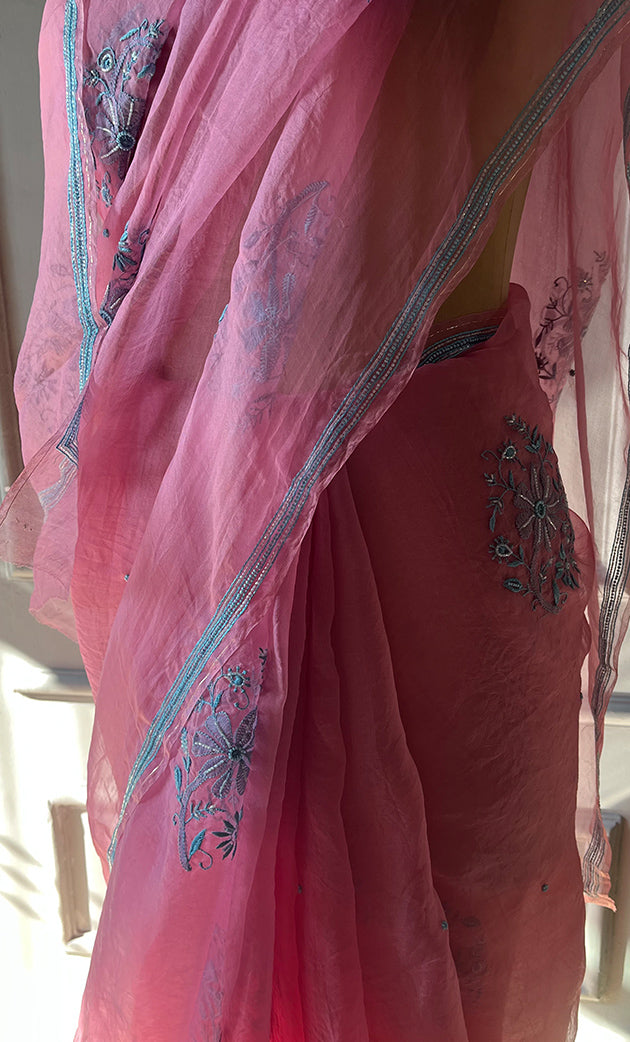 Amna Women's Lucknowi Handcrafted Pure Organza Silk Chikankari Saree - HONC0TS10500