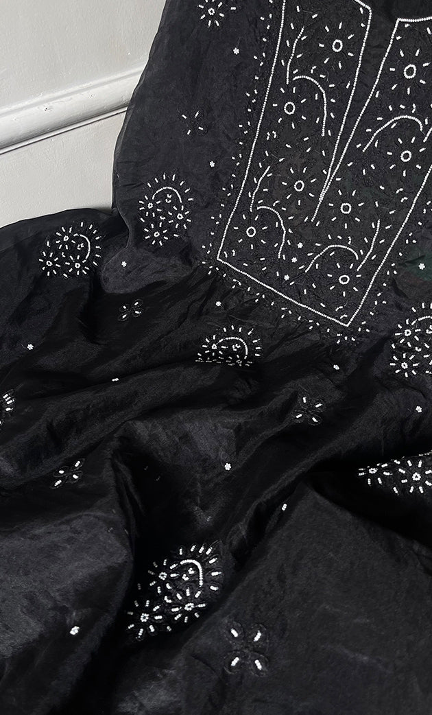 Women's Lakhnavi Handcrafted Organza Chikankari Unstitched Full Suit Material - HONC0271225